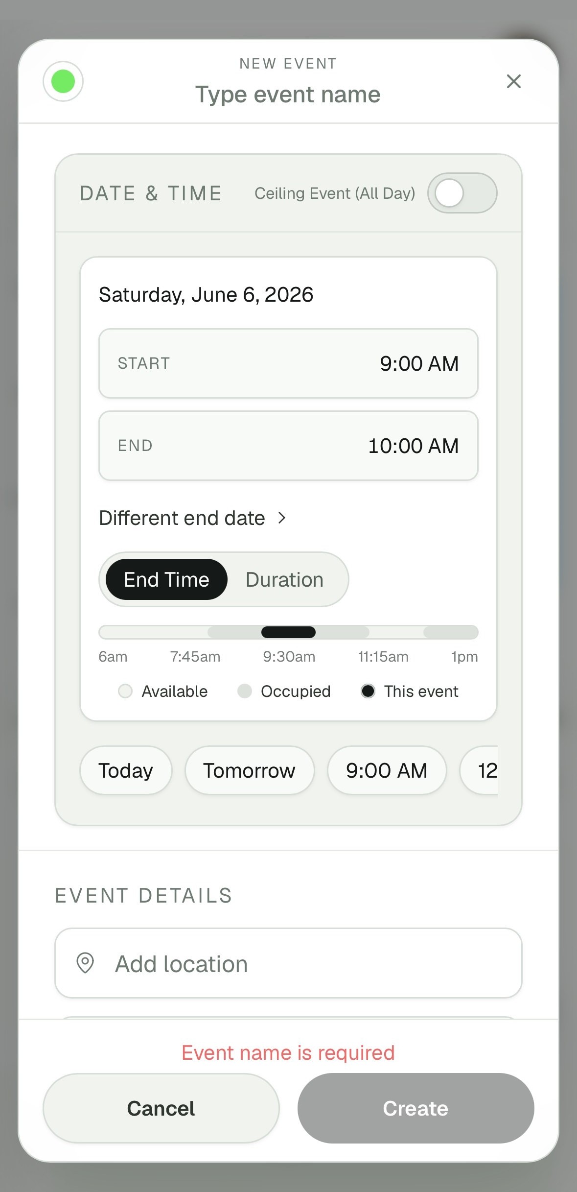 Creating an event in TOC